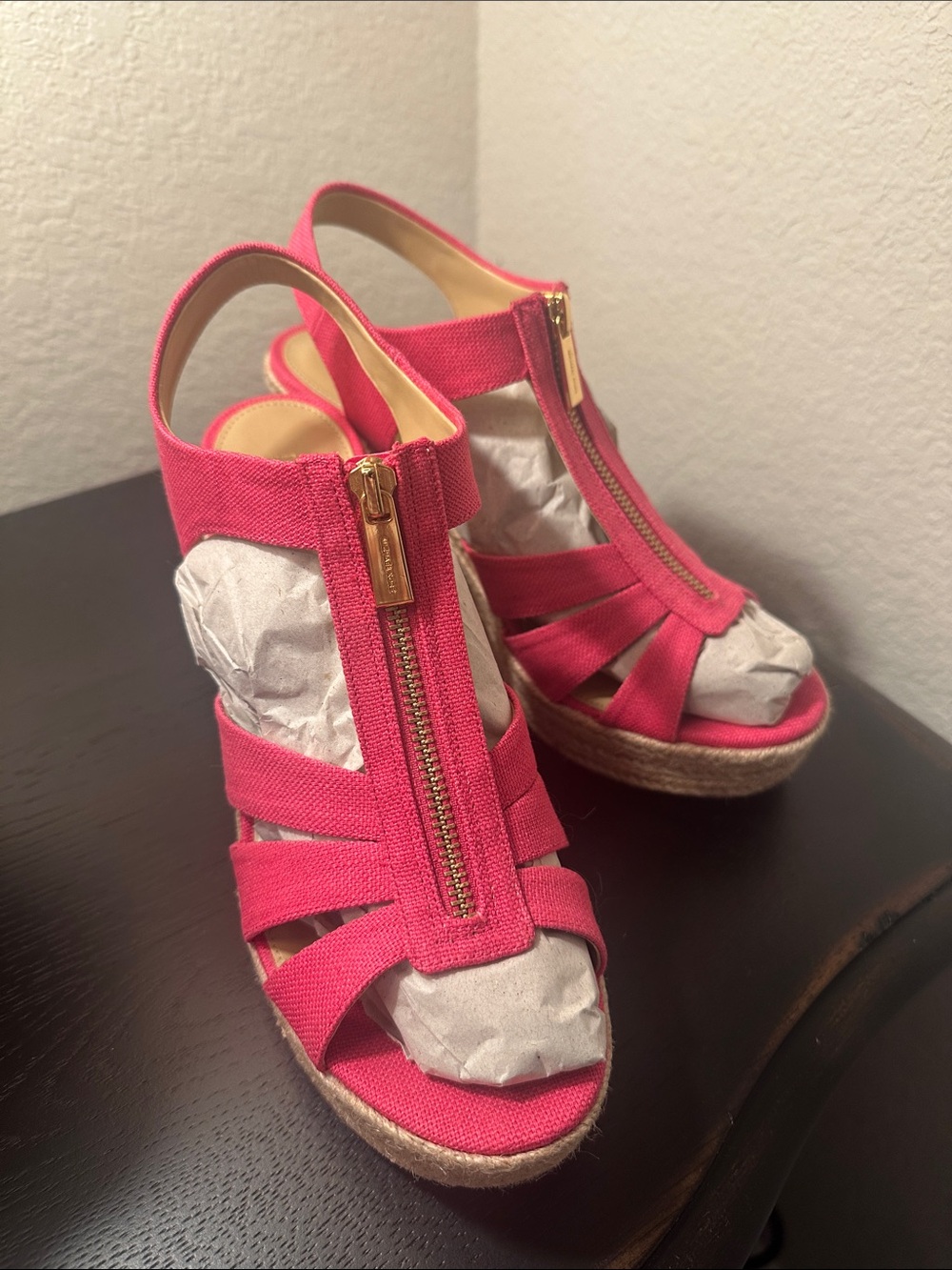 MICHAEL Michael Kors Hot Pink Canvas Espadrille Wedge Sandals with Gold Zip